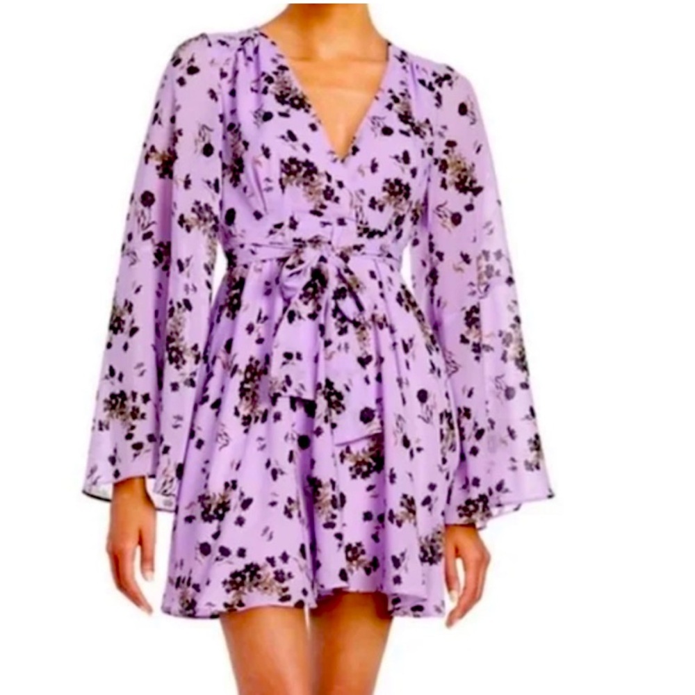 free people Lilou Wisteria Purple Floral Chiffon Bell Sleeve Deep V Mini Dress M